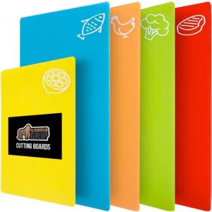 imageGORILLA GRIP 100 BPAFree Flexible Cutting Board Set of 5 Durable Plastic Mats with Food Icons for Meal Prepping Large and Mini Kitchen Chopping Mat Use for Meat Fish Vegetables Fruit MulticolorPack of 5