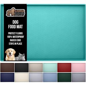 imageGORILLA GRIP 100 Waterproof Raised Edge BPA Free Silicone Pet Feeding Mat Dog Cat Food Mats Contain Spills Protects Floors Placemats for Cats and Dogs Water Bowl Pets Accessories 185x115 GrayTurquoise