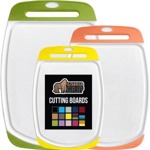 imageGORILLA GRIP BPAFree Reversible Kitchen Cutting Board Set of 3 US Designed Nonporous Juice Grooves Catch Liquid Slip Resistant Border Dishwasher Safe Durable Large Food Chopping Boards BlackLimeOrangeLemon
