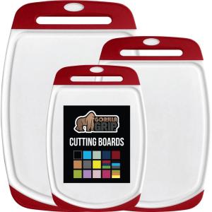 imageGORILLA GRIP BPAFree Reversible Kitchen Cutting Board Set of 3 US Designed Nonporous Juice Grooves Catch Liquid Slip Resistant Border Dishwasher Safe Durable Large Food Chopping Boards BlackRedWhite