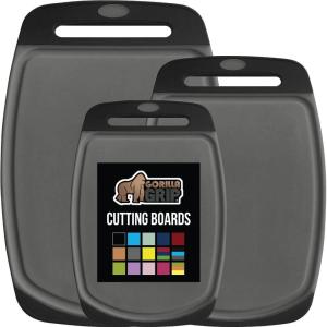 imageGORILLA GRIP BPAFree Reversible Kitchen Cutting Board Set of 3 US Designed Nonporous Juice Grooves Catch Liquid Slip Resistant Border Dishwasher Safe Durable Large Food Chopping Boards BlackBlackGray
