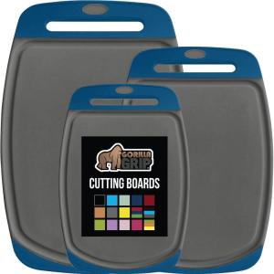 imageGORILLA GRIP BPAFree Reversible Kitchen Cutting Board Set of 3 US Designed Nonporous Juice Grooves Catch Liquid Slip Resistant Border Dishwasher Safe Durable Large Food Chopping Boards BlackBlueGray
