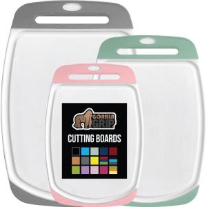 imageGORILLA GRIP BPAFree Reversible Kitchen Cutting Board Set of 3 US Designed Nonporous Juice Grooves Catch Liquid Slip Resistant Border Dishwasher Safe Durable Large Food Chopping Boards BlackGrayMintLight Pink