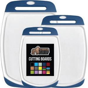 imageGORILLA GRIP BPAFree Reversible Kitchen Cutting Board Set of 3 US Designed Nonporous Juice Grooves Catch Liquid Slip Resistant Border Dishwasher Safe Durable Large Food Chopping Boards BlackBlueWhite
