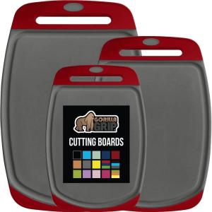 imageGORILLA GRIP BPAFree Reversible Kitchen Cutting Board Set of 3 US Designed Nonporous Juice Grooves Catch Liquid Slip Resistant Border Dishwasher Safe Durable Large Food Chopping Boards BlackRedGray
