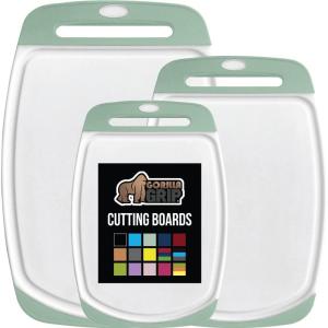 imageGORILLA GRIP BPAFree Reversible Kitchen Cutting Board Set of 3 US Designed Nonporous Juice Grooves Catch Liquid Slip Resistant Border Dishwasher Safe Durable Large Food Chopping Boards BlackMintWhite
