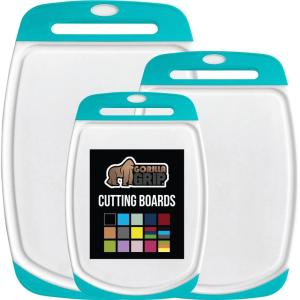 imageGORILLA GRIP BPAFree Reversible Kitchen Cutting Board Set of 3 US Designed Nonporous Juice Grooves Catch Liquid Slip Resistant Border Dishwasher Safe Durable Large Food Chopping Boards BlackTurquoiseWhite