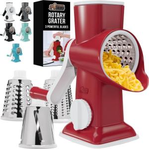 imageGORILLA GRIP BPAFree Rotary Cheese Grater Hand Crank Easy to Set Up Strong Suction Base for Kitchen Countertop Shred Potato Vegetable Nuts in Seconds Round Mandoline Slicer 3 Blades BlackRed