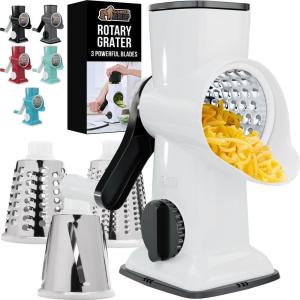 imageGORILLA GRIP BPAFree Rotary Cheese Grater Hand Crank Easy to Set Up Strong Suction Base for Kitchen Countertop Shred Potato Vegetable Nuts in Seconds Round Mandoline Slicer 3 Blades BlackWhite
