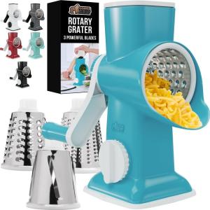 imageGORILLA GRIP BPAFree Rotary Cheese Grater Hand Crank Easy to Set Up Strong Suction Base for Kitchen Countertop Shred Potato Vegetable Nuts in Seconds Round Mandoline Slicer 3 Blades BlackTurquoise