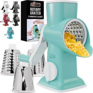 imageGORILLA GRIP BPAFree Rotary Cheese Grater Hand Crank Easy to Set Up Strong Suction Base for Kitchen Countertop Shred Potato Vegetable Nuts in Seconds Round Mandoline Slicer 3 Blades BlackMint