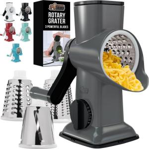 imageGORILLA GRIP BPAFree Rotary Cheese Grater Hand Crank Easy to Set Up Strong Suction Base for Kitchen Countertop Shred Potato Vegetable Nuts in Seconds Round Mandoline Slicer 3 Blades BlackGray