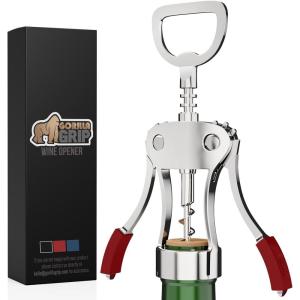 imageGORILLA GRIP BPAFree Sharp Wine Opener Heavy Duty Zinc Alloy Wing Corkscrew Multifunctional Bottle Opener Remove Corks or Cap Easy to Use Bar Cork Screw Dishwasher Safe Kitchen Essentials BlackRed