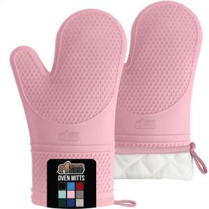 imageGORILLA GRIP BPAFree Soft Silicone Oven Mitts Heat Resistant and Waterproof Cooking Gloves Thick Cotton Lining Flexible Gripping for Baking Grilling Kitchen Potholders Set of 2 125x83 WhitePink