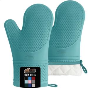 imageGORILLA GRIP BPAFree Soft Silicone Oven Mitts Heat Resistant and Waterproof Cooking Gloves Thick Cotton Lining Flexible Gripping for Baking Grilling Kitchen Potholders Set of 2 125x83 WhiteTurquoise
