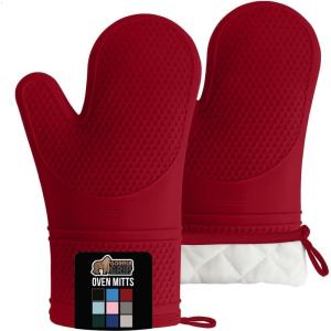 imageGORILLA GRIP BPAFree Soft Silicone Oven Mitts Heat Resistant and Waterproof Cooking Gloves Thick Cotton Lining Flexible Gripping for Baking Grilling Kitchen Potholders Set of 2 125x83 WhiteRed