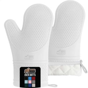 imageGORILLA GRIP BPAFree Soft Silicone Oven Mitts Heat Resistant and Waterproof Cooking Gloves Thick Cotton Lining Flexible Gripping for Baking Grilling Kitchen Potholders Set of 2 125x83 WhiteWhite