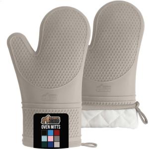 imageGORILLA GRIP BPAFree Soft Silicone Oven Mitts Heat Resistant and Waterproof Cooking Gloves Thick Cotton Lining Flexible Gripping for Baking Grilling Kitchen Potholders Set of 2 125x83 WhiteAlmond