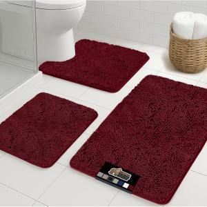 imageGORILLA GRIP Bathroom Rug Sets 3 Piece Bath Mat Set and Oval Toilet Base with Rubber Backing Plush Absorbent Shaggy Chenille Washable Mats Includes 24x195 24x17 and 30x20 Inch Rugs GreyBurgundy
