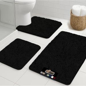 imageGORILLA GRIP Bathroom Rug Sets 3 Piece Bath Mat Set and Oval Toilet Base with Rubber Backing Plush Absorbent Shaggy Chenille Washable Mats Includes 24x195 24x17 and 30x20 Inch Rugs GreyBlack