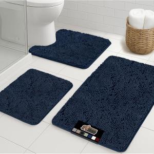 imageGORILLA GRIP Bathroom Rug Sets 3 Piece Bath Mat Set and Oval Toilet Base with Rubber Backing Plush Absorbent Shaggy Chenille Washable Mats Includes 24x195 24x17 and 30x20 Inch Rugs GreyNavy