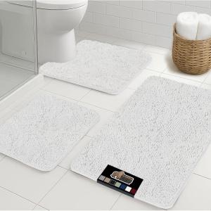 imageGORILLA GRIP Bathroom Rug Sets 3 Piece Bath Mat Set and Oval Toilet Base with Rubber Backing Plush Absorbent Shaggy Chenille Washable Mats Includes 24x195 24x17 and 30x20 Inch Rugs GreyWhite