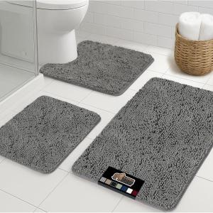 imageGORILLA GRIP Bathroom Rug Sets 3 Piece Bath Mat Set and Oval Toilet Base with Rubber Backing Plush Absorbent Shaggy Chenille Washable Mats Includes 24x195 24x17 and 30x20 Inch Rugs GreyGrey