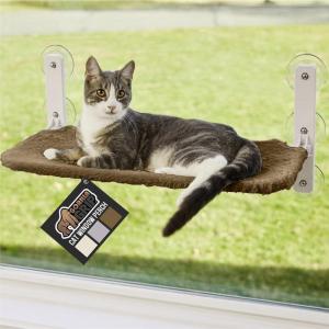 imageGORILLA GRIP Cat Window Perch Foldable Cat Window Hammock Bed with 6 Large Suction Cups Cordless Indoor Wall Shelves Strong Metal Frame Holds 40lbs Reversible Washable Sherpa Cover Large GrayBrown