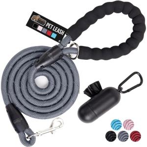 imageGORILLA GRIP Dog Leash Heavy Duty Reflective Rope Leashes for Large Medium Small Breed Dogs Puppy Training Essential for Walks Hikes Soft Handle Rotating Metal Clip Waste Bag Dispenser BlackGray