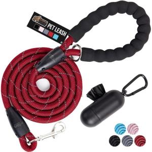 imageGORILLA GRIP Dog Leash Heavy Duty Reflective Rope Leashes for Large Medium Small Breed Dogs Puppy Training Essential for Walks Hikes Soft Handle Rotating Metal Clip Waste Bag Dispenser BlackRed