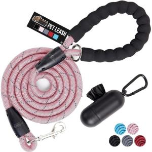 imageGORILLA GRIP Dog Leash Heavy Duty Reflective Rope Leashes for Large Medium Small Breed Dogs Puppy Training Essential for Walks Hikes Soft Handle Rotating Metal Clip Waste Bag Dispenser BlackPink