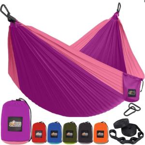imageGORILLA GRIP Durable Portable Camping Hammock Holds 400lbs with Heavy Duty Tree Straps Comfortable Travel Swing Camp Hammocks Easy to Use and Install Outdoor Essentials Black 9x45 FTPurplePink