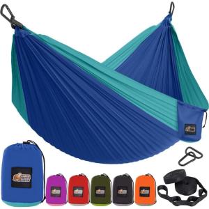 imageGORILLA GRIP Durable Portable Camping Hammock Holds 400lbs with Heavy Duty Tree Straps Comfortable Travel Swing Camp Hammocks Easy to Use and Install Outdoor Essentials Black 9x45 FTDark BlueLight Blue