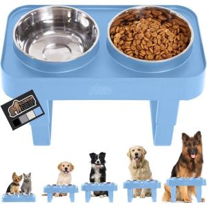 imageGORILLA GRIP Elevated Dog Bowls Stand 6 Cup Stainless Steel Food Bowl Set of 2 5 Height Adjustable Raised Feeding Station for Small Breed Puppy Dogs and Cats Medium Large Sized Pets Feeder BlackLight Blue
