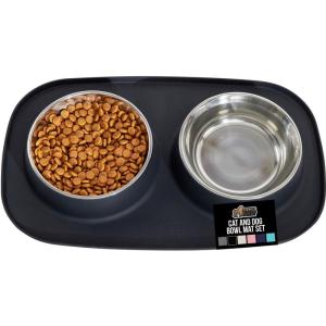imageGORILLA GRIP Feeding Mat Set Patent Pending 100 Waterproof BPA Free Silicone Stainless Steel Cat and Dog Bowls Slip Resistant High Edges Catch Water Food US Designed Pet Accessories 1 Cup GrayBlack
