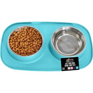 imageGORILLA GRIP Feeding Mat Set Patent Pending 100 Waterproof BPA Free Silicone Stainless Steel Cat and Dog Bowls Slip Resistant High Edges Catch Water Food US Designed Pet Accessories 1 Cup GrayTurquoise