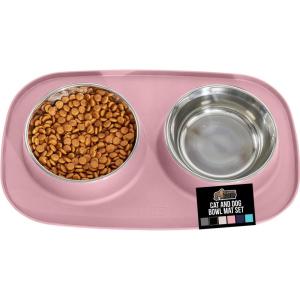 imageGORILLA GRIP Feeding Mat Set Patent Pending 100 Waterproof BPA Free Silicone Stainless Steel Cat and Dog Bowls Slip Resistant High Edges Catch Water Food US Designed Pet Accessories 1 Cup GrayLight Pink