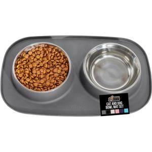 imageGORILLA GRIP Feeding Mat Set Patent Pending 100 Waterproof BPA Free Silicone Stainless Steel Cat and Dog Bowls Slip Resistant High Edges Catch Water Food US Designed Pet Accessories 1 Cup GrayGray