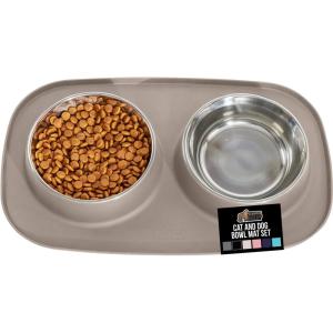imageGORILLA GRIP Feeding Mat Set Patent Pending 100 Waterproof BPA Free Silicone Stainless Steel Cat and Dog Bowls Slip Resistant High Edges Catch Water Food US Designed Pet Accessories 1 Cup GrayBeige