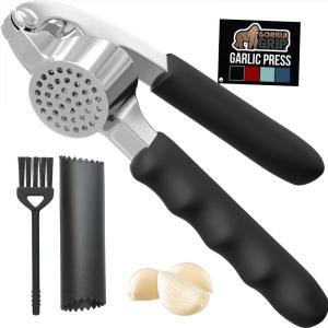 imageGORILLA GRIP Garlic Press and Peel Set Heavy Duty Mincer Tool Easily Mince and Crush Garlics Ginger Nuts Seeds Large Ergonomic Handle Peeler Included for Peeling Cloves Kitchen Gadgets BlackBlack