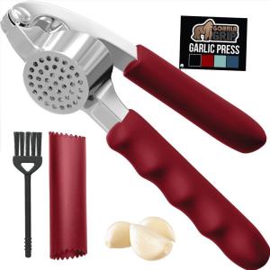 imageGORILLA GRIP Garlic Press and Peel Set Heavy Duty Mincer Tool Easily Mince and Crush Garlics Ginger Nuts Seeds Large Ergonomic Handle Peeler Included for Peeling Cloves Kitchen Gadgets BlackRed
