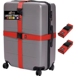 imageGORILLA GRIP Heavy Duty Adjustable Luggage Straps for Suitcases Easy to Identify Travel Belt Connector Holds Suitcase Together Extends Life of Bag Strap Connects Two Bags Accessories 2 Pack RedRed