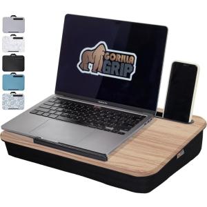 imageGORILLA GRIP Laptop Lap Desk with Phone Holder Pillow Cushion Desks Fit Laptops up to 156quot Tray Ledge Keep Computers in Place Portable Travel Workstation Essentials for Home Light Wood ColorLight Wood