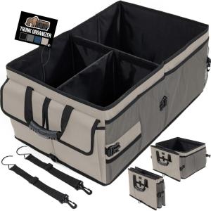 imageGORILLA GRIP Large Capacity Sturdy Trunk Storage Organizer Slip and Water Resistant Collapsible Organization Container for Car Sedan or SUV Multi Compartment Box Vehicle Accessories BlackBeige