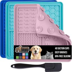 imageGORILLA GRIP Lick Mat for Dogs Deep Grooves for Dog and Cat Enrichment Toy Strong Suction Grip Freezer Safe BPA Free Silicone Licking Pad for Bath Grooming Nail Trimming Orange Purple 2 Pack TurquoiseRoyal BluePink