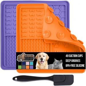 imageGORILLA GRIP Lick Mat for Dogs Deep Grooves for Dog and Cat Enrichment Toy Strong Suction Grip Freezer Safe BPA Free Silicone Licking Pad for Bath Grooming Nail Trimming Orange Purple 2 Pack OrangePurple