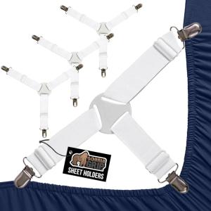 imageGORILLA GRIP Patent Pending Bed Sheet Holders Adjustable Elastic Fasteners with Metal Clips Keep in Place Fitted Bedding Straps Firm Tight Suspenders for Mattress US Designed 4 Pack WhiteWhite