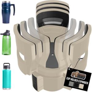 imageGORILLA GRIP Patent Pending Car Cup Holder Expander Keeps Large Drink Cups Secure Expands Fits Yeti HydroFlask Stanley 18 to 48oz Large Water Bottles Coffee Mug Adjustable Arms Insert GrayTan