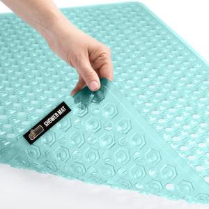imageGORILLA GRIP Patented Bath Tub Shower Mat Machine Washable Bathtub Floor Liner Mats Suction Cups and Drain Holes to Keep Tubs Clean Soft on Feet Bathroom Essentials 35x16 Inch ClearGreen Translucent