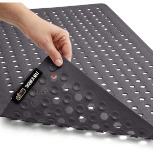 imageGORILLA GRIP Patented Bath Tub Shower Mat Machine Washable Bathtub Floor Liner Mats Suction Cups and Drain Holes to Keep Tubs Clean Soft on Feet Bathroom Essentials 35x16 Inch ClearCharcoal Opaque